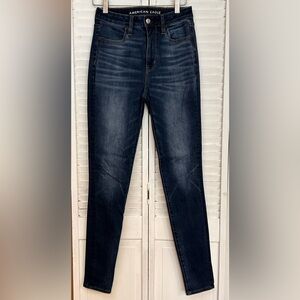 Ae American Eagle Size 4 Long Super Hi-Rise jegging dark blue jeans 360 stretch